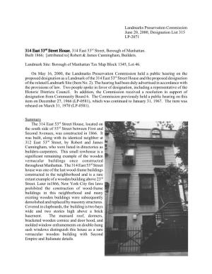 314 East 53Rd Street House Designation Report