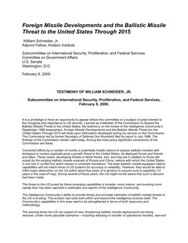 Foreign Missile Developments and the Ballistic Missile Threat to the United States Through 2015