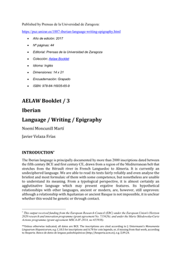 AELAW Booklet / 3 Iberian Language / Writing / Epigraphy Noemí Moncunill Martí Javier Velaza Frías