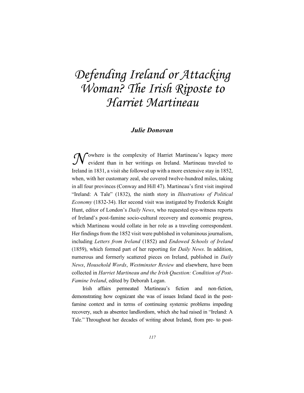 Defending Ireland Or Attacking Woman? the Irish Riposte to Harriet Martineau