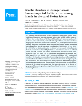 Genetic Structure Is Stronger Across Human-Impacted Habitats Than Among Islands in the Coral Porites Lobata