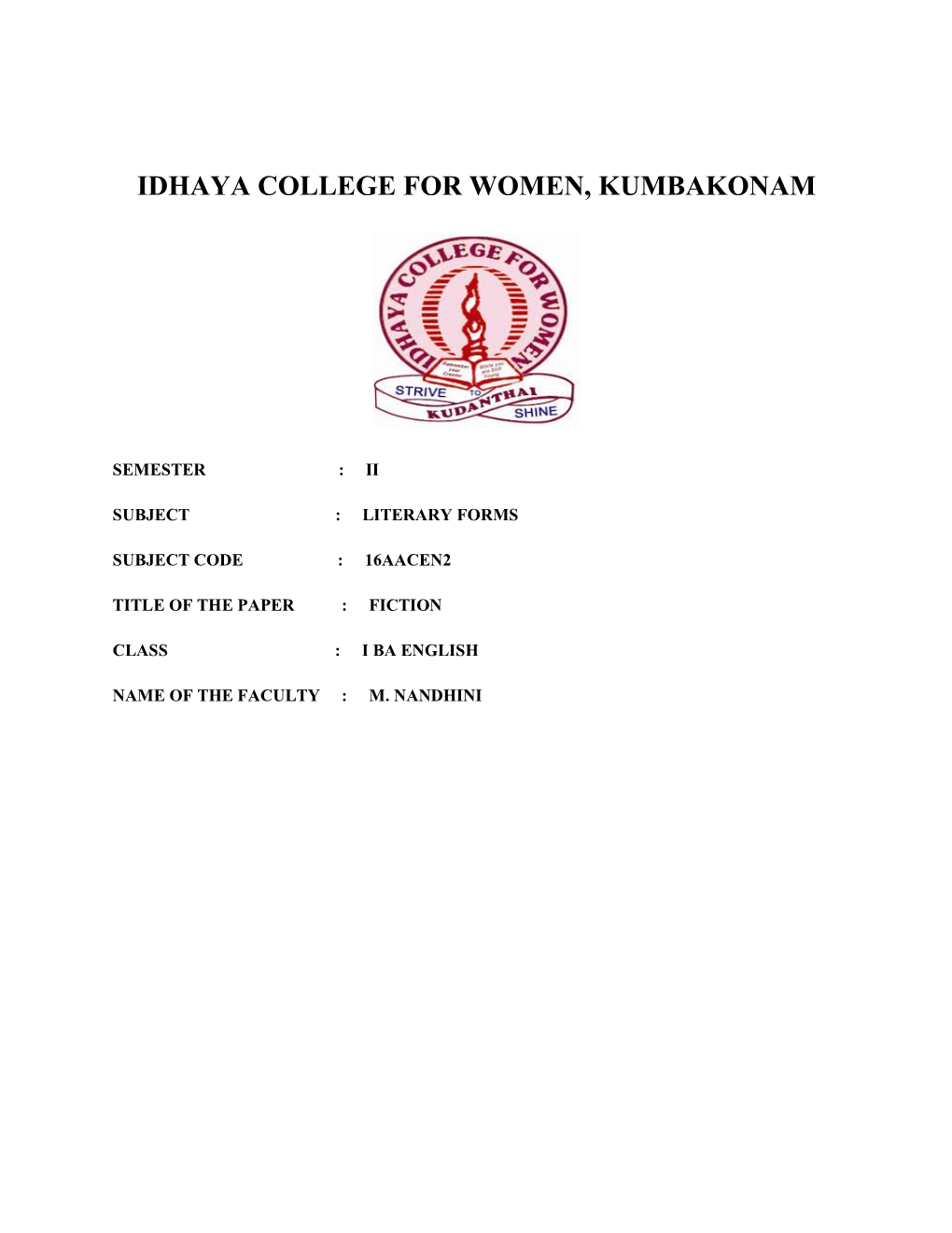 Idhaya College for Women, Kumbakonam