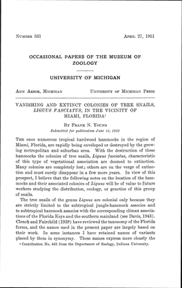 Occasional Papers of the Museum of Zoology University of Michigan Ann Arbor, Michigan University of Michigan Press Vanishing