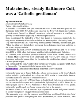 Mutscheller, Steady Baltimore Colt, Was a 'Catholic Gentleman'