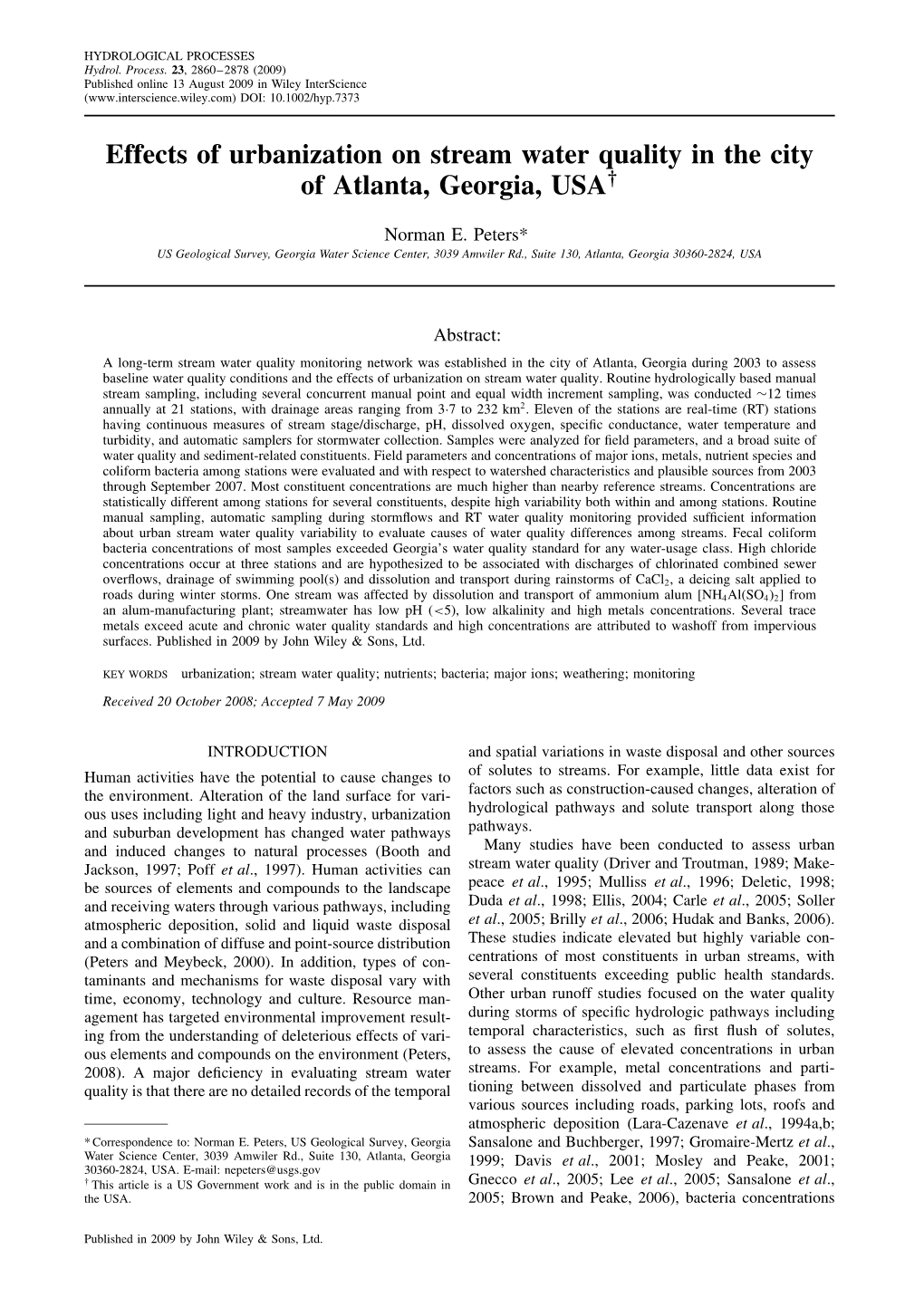 Effects of Urbanization on Stream Water Quality in the City of Atlanta, Georgia, USA†