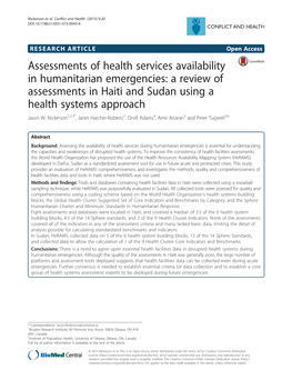 Assessments of Health Services Availability in Humanitarian Emergencies: a Review of Assessments in Haiti and Sudan Using a Health Systems Approach Jason W