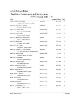 Weddings, Engagements, and Anniversaries W Lowell Tribune Index 1950'S Through 2013