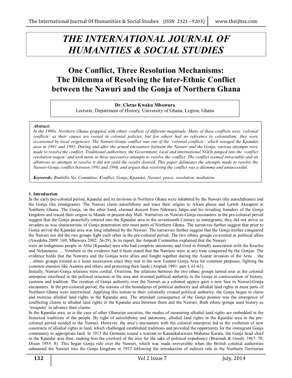 The Dilemma of Resolving the Inter-Ethnic Conflict Between the Nawuri and the Gonja of Northern Ghana