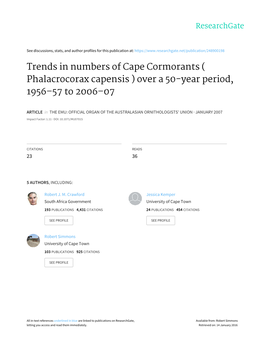 Trends in Numbers of Cape Cormorants ( Phalacrocorax Capensis ) Over a 50-Year Period, 1956–57 to 2006–07