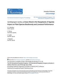 Cymbopogon Nardus, a Grass Weed in the Rangelands of Uganda: Impact on Plant Species Biodiversity and Livestock Performance