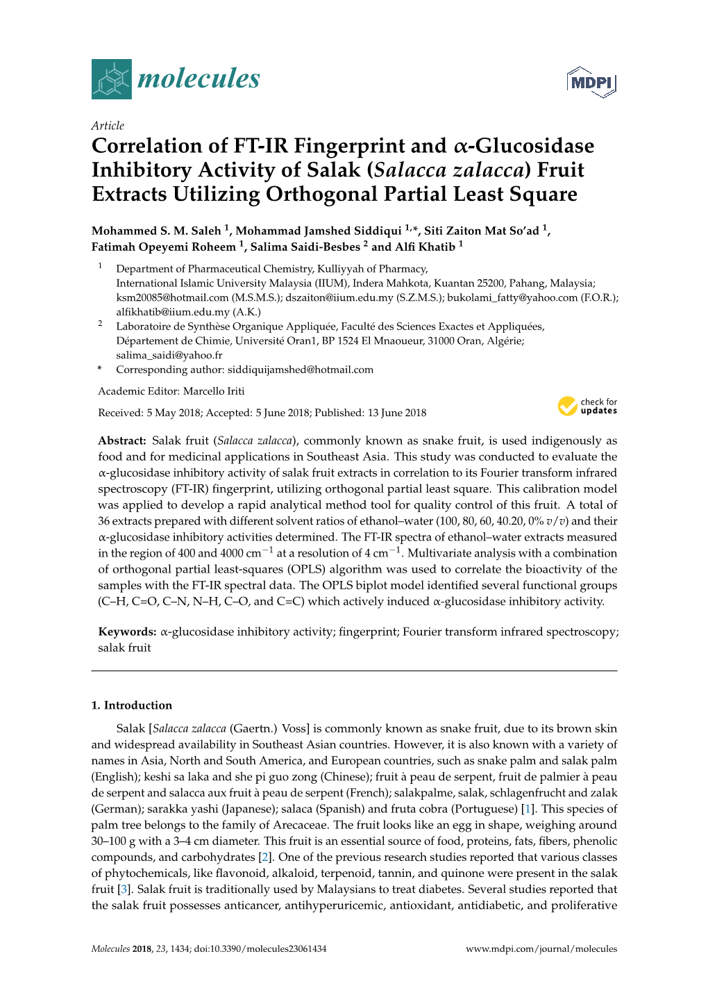 Correlation of FT-IR Fingerprint and Α-Glucosidase Inhibitory Activity of Salak (Salacca Zalacca) Fruit Extracts Utilizing Orthogonal Partial Least Square