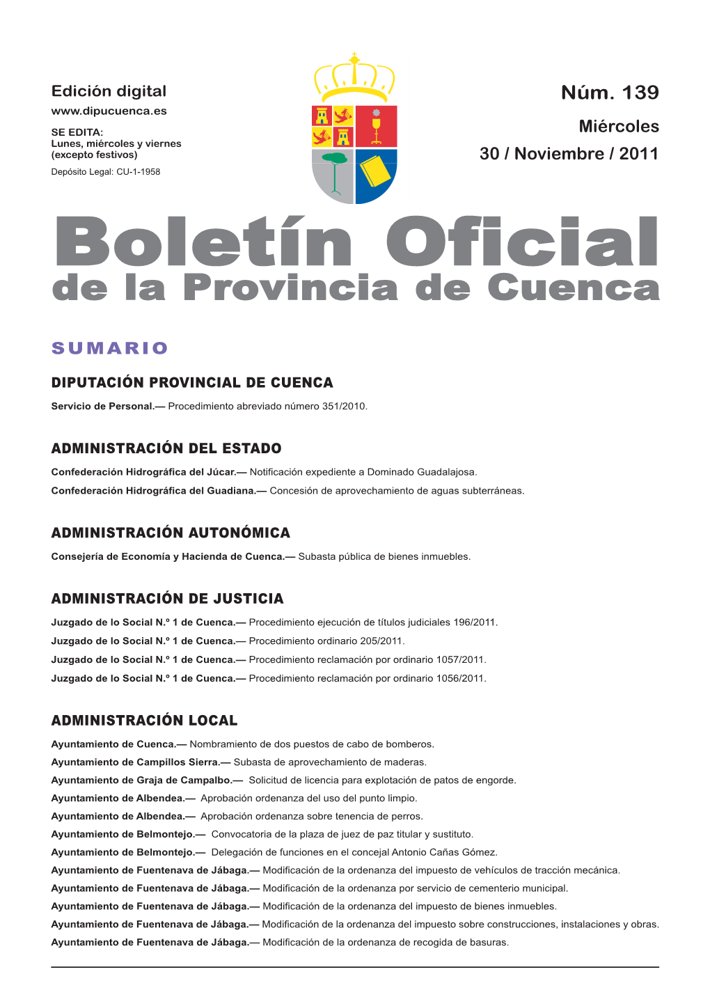 Boletín Oficial De La Provincia De Cuenca Sumario Diputación Provincial De Cuenca