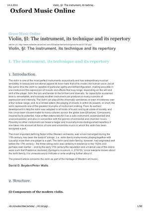 Violin, I the Instrument, Its Technique and Its Repertory in Oxford Music Online