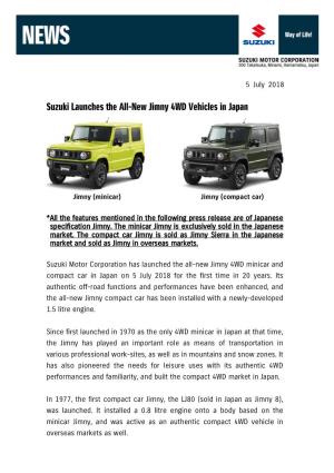 Suzuki Launches the All-New Jimny 4WD Vehicles in Japan