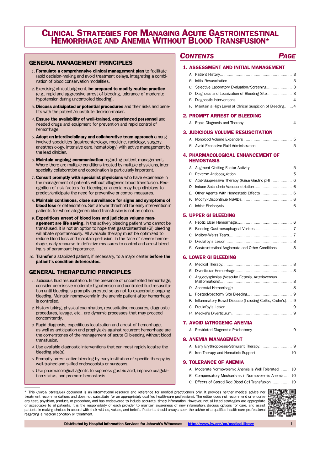 Clinical Strategies for Managing Acute Gastrointestinal Hemorrhage and Anemia Without Blood Transfusion* Contents Page General Management Principles 1
