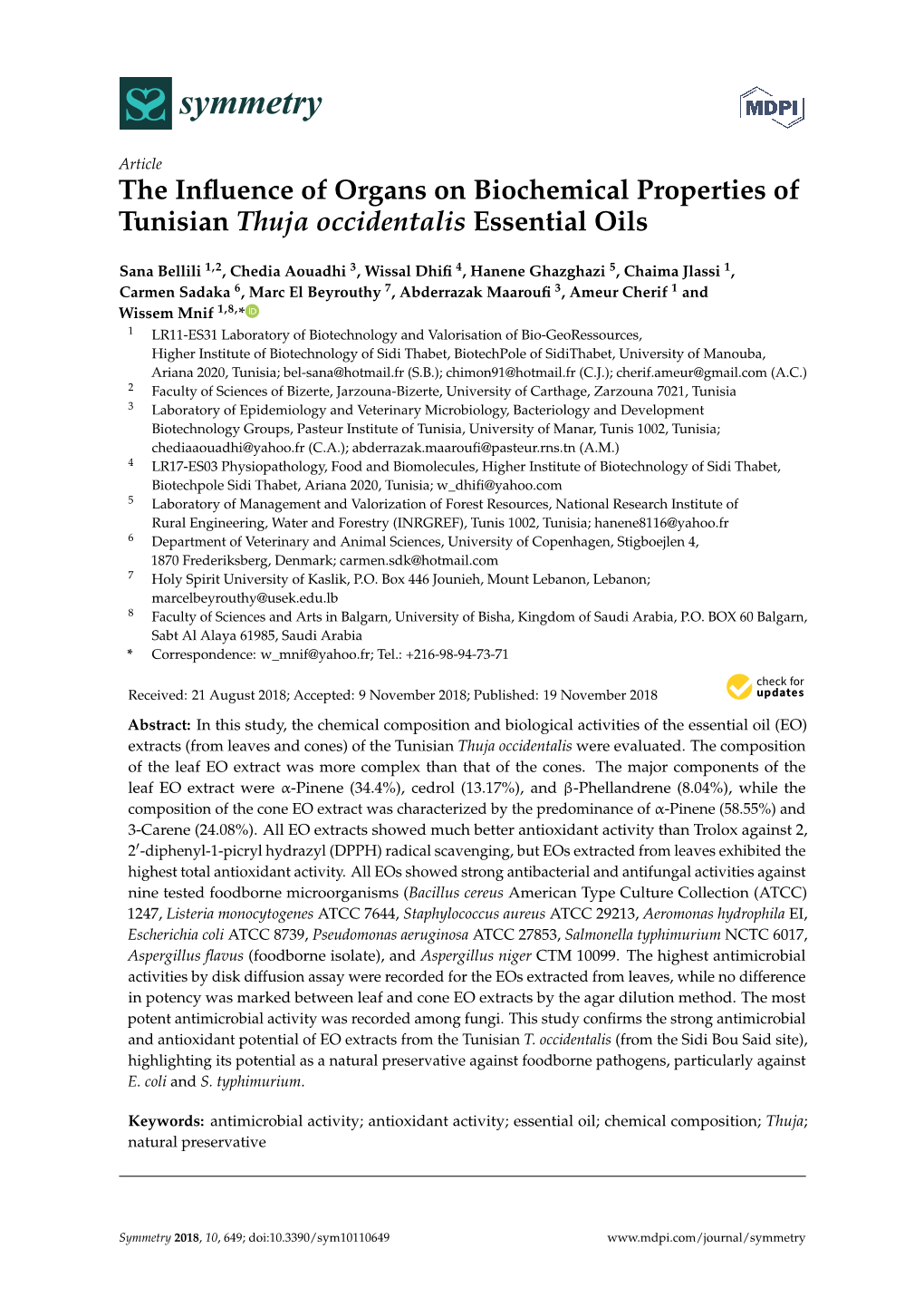 The Influence of Organs on Biochemical Properties of Tunisian