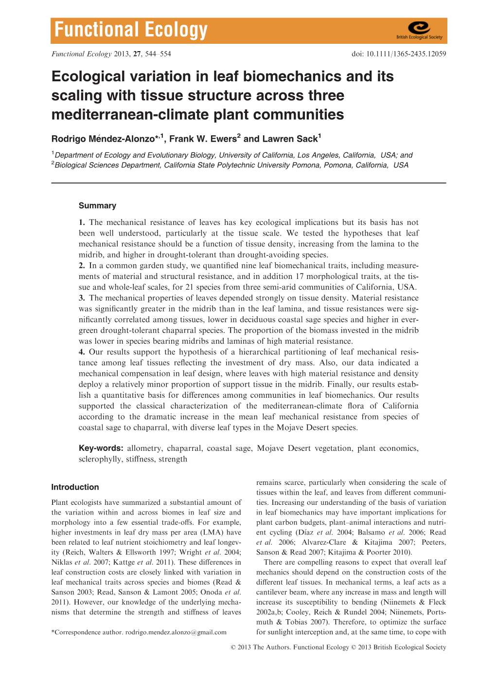 Ecological Variation in Leaf Biomechanics and Its Scaling with Tissue Structure Across Three Mediterraneanclimate Plant Communit