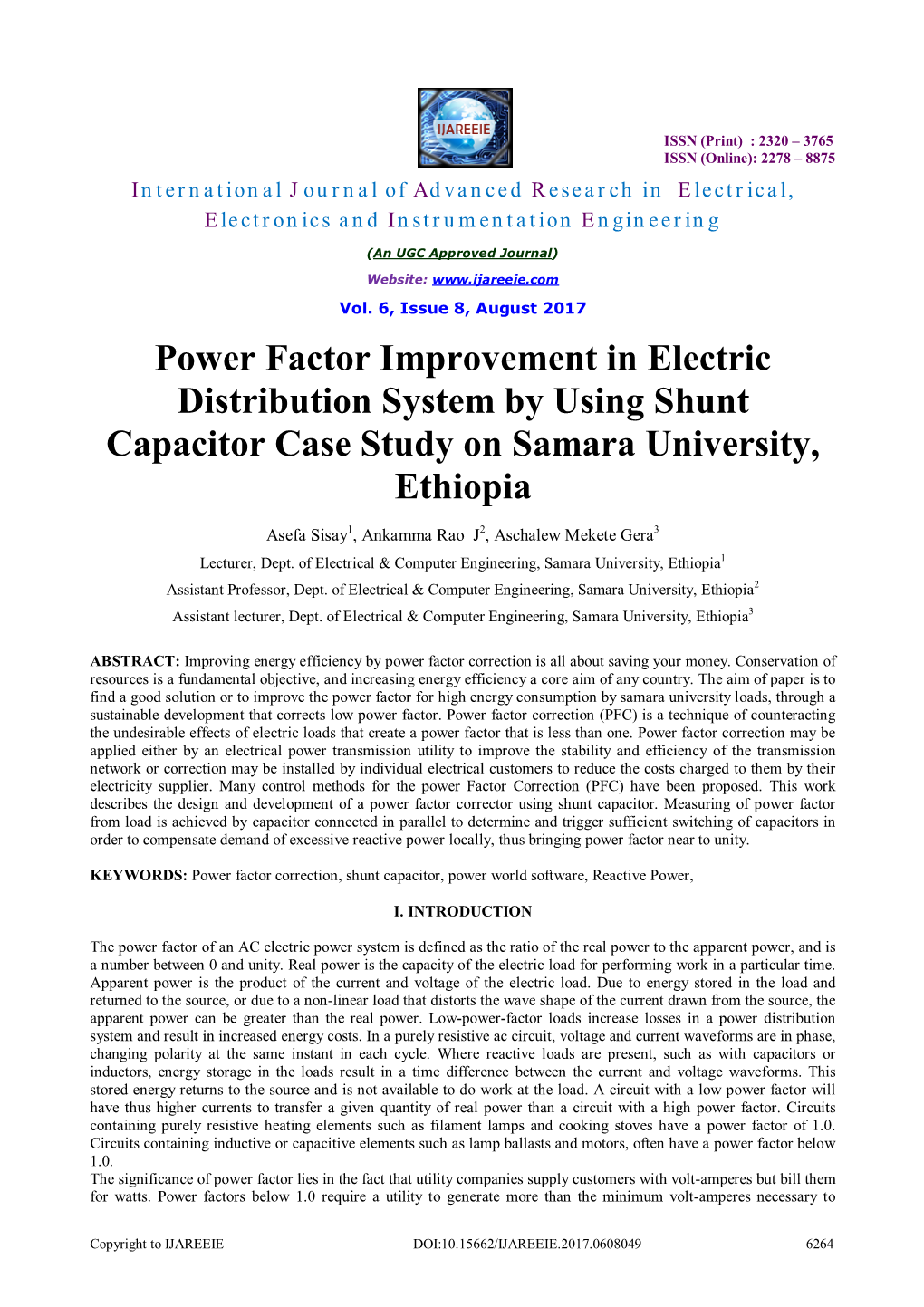 Power Factor Improvement in Electric Distribution System by Using Shunt Capacitor Case Study on Samara University, Ethiopia