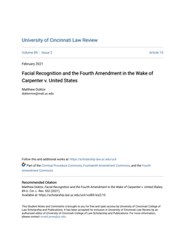 Facial Recognition and the Fourth Amendment in the Wake of Carpenter V. United States