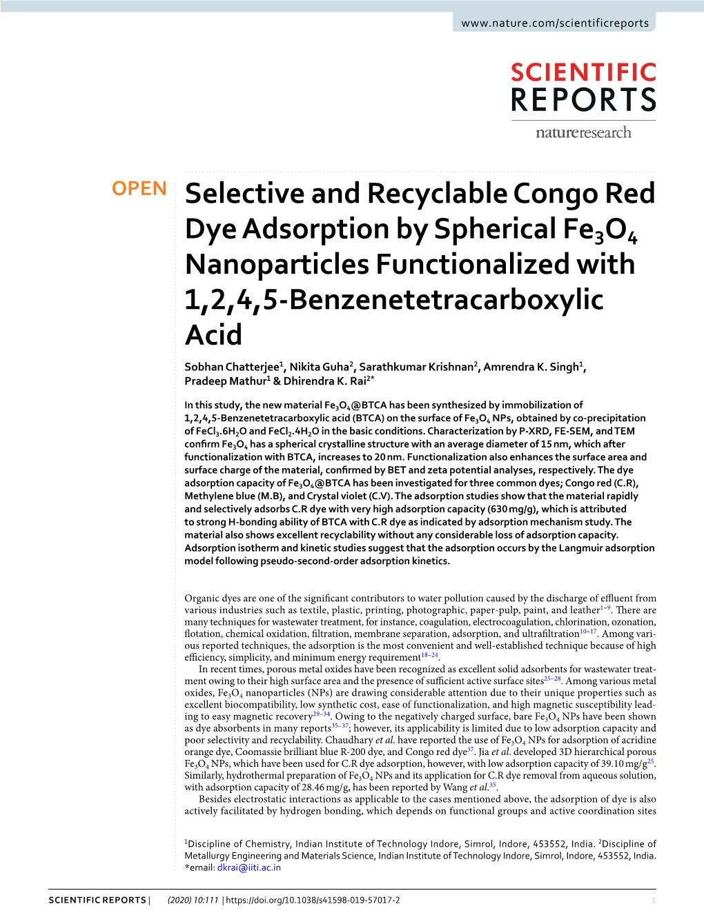 Selective and Recyclable Congo Red Dye Adsorption by Spherical Fe3o4