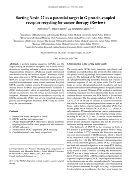 Sorting Nexin 27 As a Potential Target in G Protein‑Coupled Receptor Recycling for Cancer Therapy (Review)