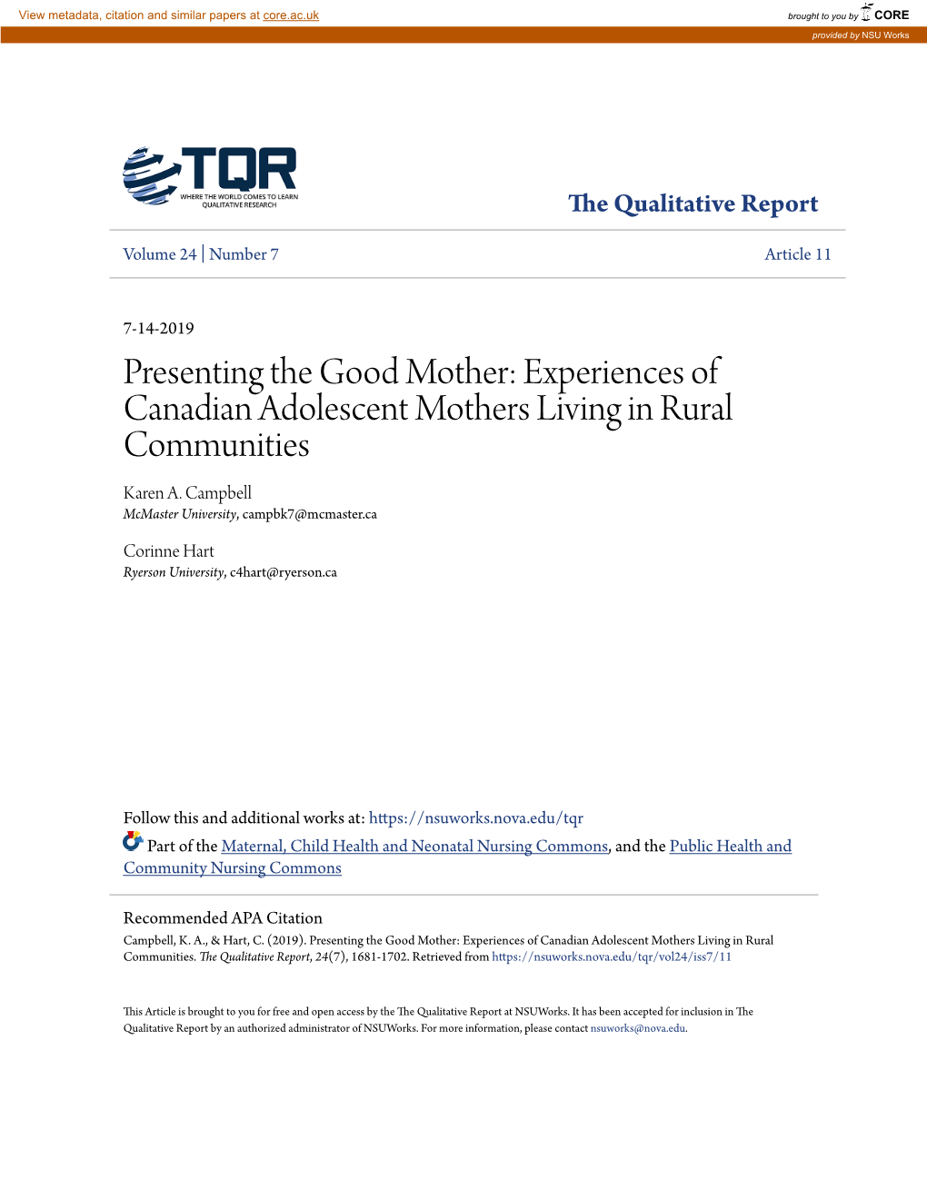 Experiences of Canadian Adolescent Mothers Living in Rural Communities Karen A