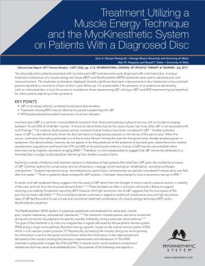 Treatment Utilizing a Muscle Energy Technique and the Myokinesthetic System on Patients with a Diagnosed Disc