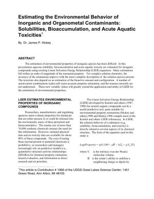 Estimating the Environmental Behavior of Inorganic and Organometal Contaminants: Solubilities, Bioaccumulation, and Acute Aquatic Toxicities1