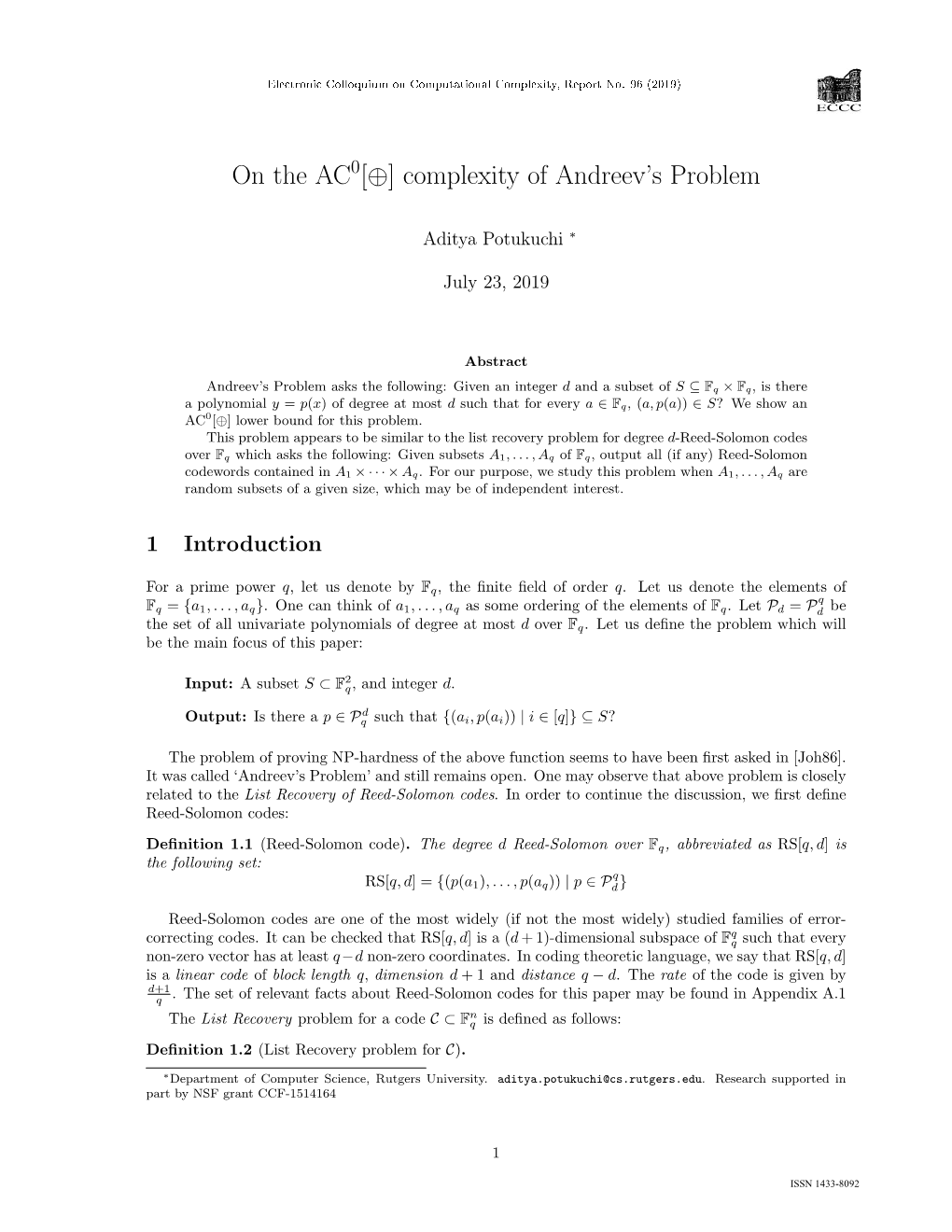 On the AC [+] Complexity of Andreev's Problem