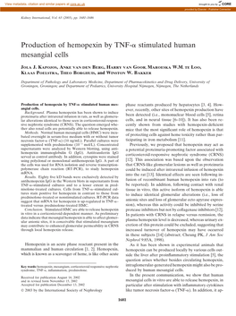 Production of Hemopexin by TNF-Α Stimulated Human Mesangial Cells