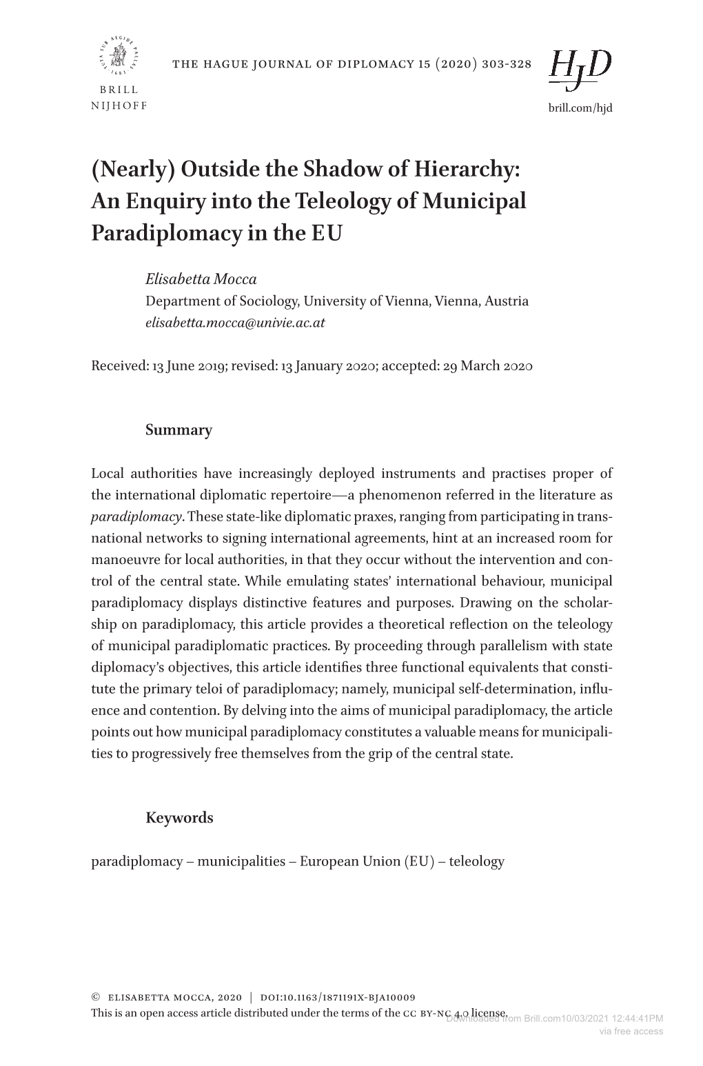 An Enquiry Into the Teleology of Municipal Paradiplomacy in the EU