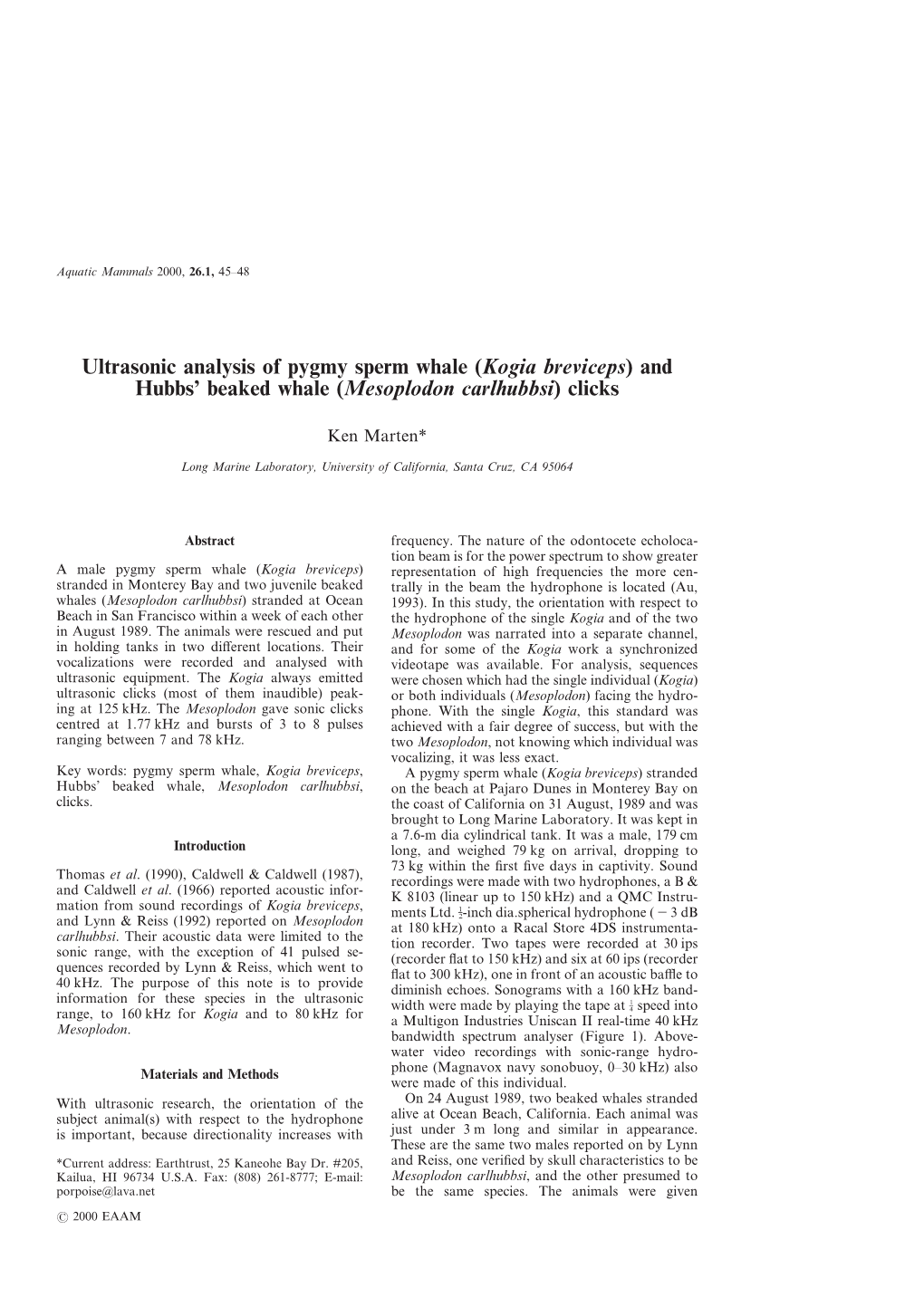 Ultrasonic Analysis of Pygmy Sperm Whale (Kogia Breviceps) and Hubbs’ Beaked Whale (Mesoplodon Carlhubbsi) Clicks