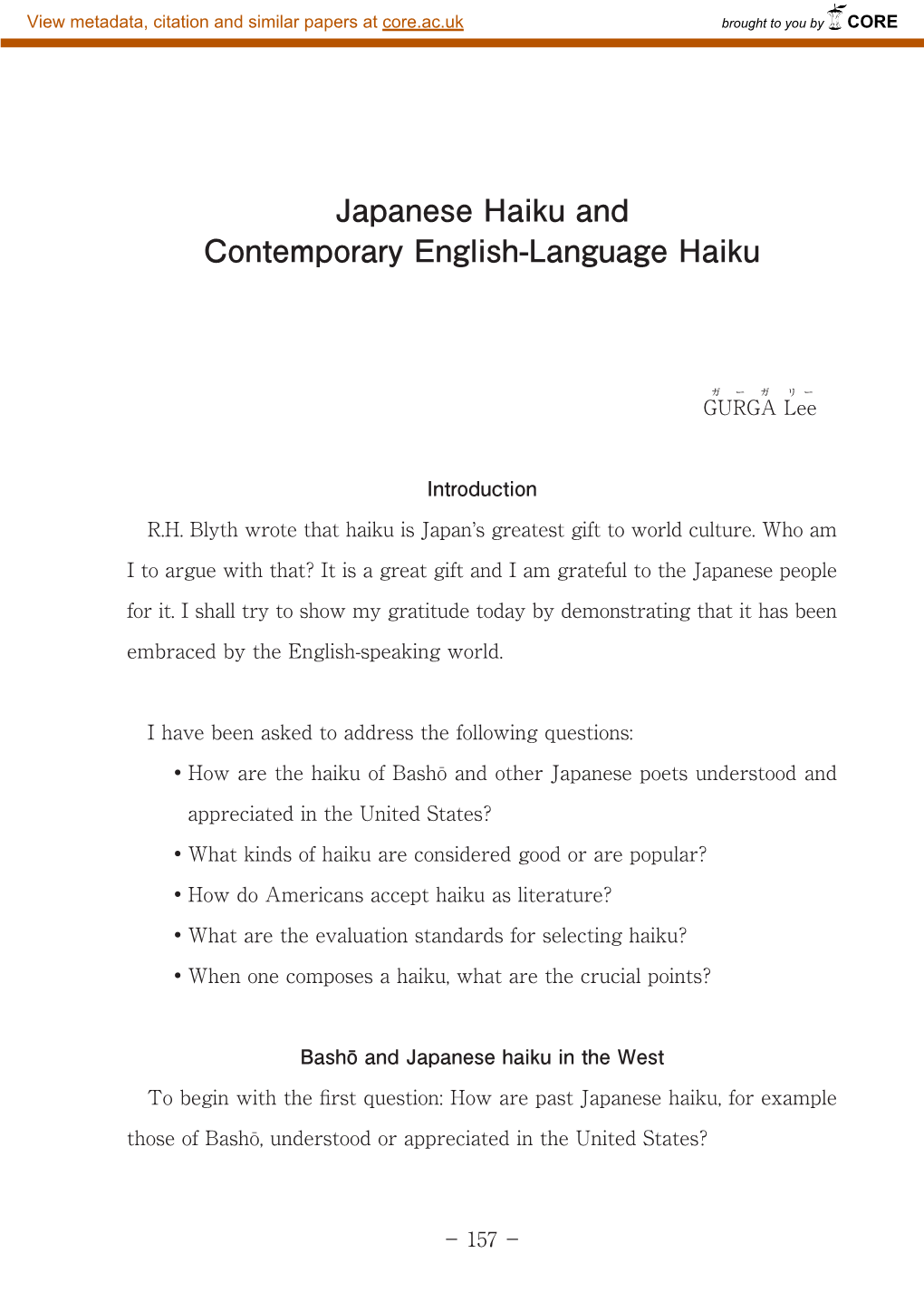 Japanese Haiku and Contemporary English-Language Haiku