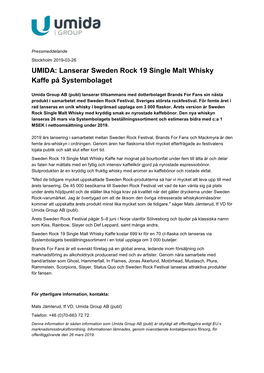 UMIDA: Lanserar Sweden Rock 19 Single Malt Whisky Kaffe På Systembolaget
