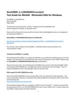 Gnucobol 1.1 [20JAN2014 Version] Test Guide for Mingw - Minimalist GNU for Windows