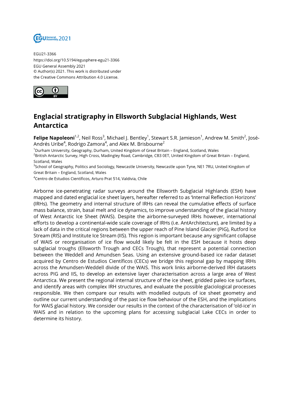 Englacial Stratigraphy in Ellsworth Subglacial Highlands, West Antarctica