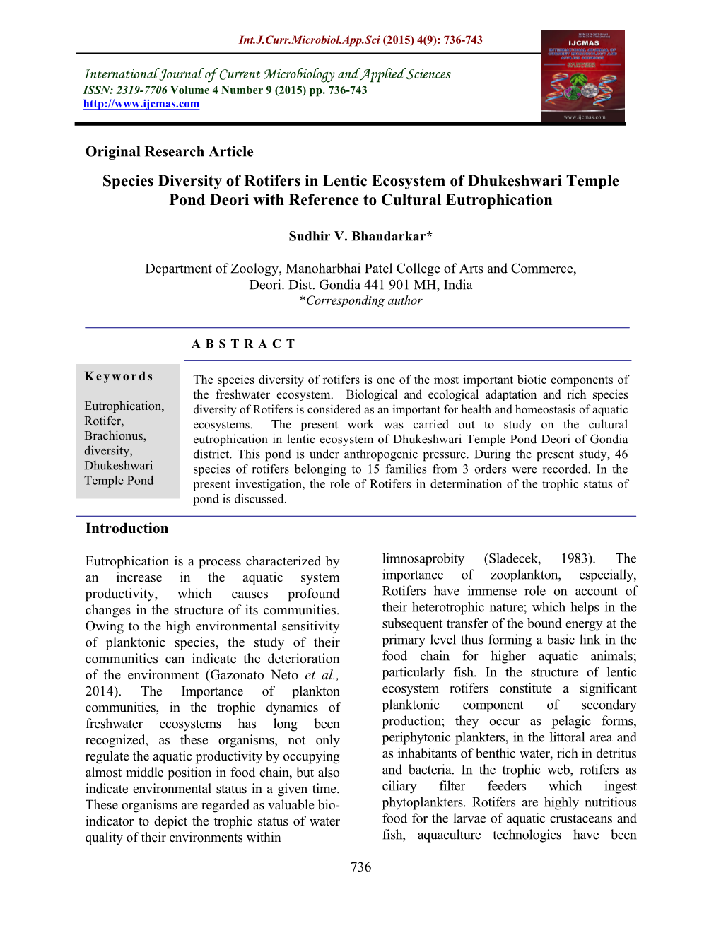 Species Diversity of Rotifers in Lentic Ecosystem of Dhukeshwari Temple Pond Deori with Reference to Cultural Eutrophication