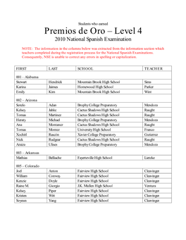 Premios De Oro – Level 4 2010 National Spanish Examination