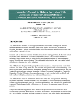 TAP 19: Counselor's Manual for Relapse Prevention with Chemically Dependent Criminal Offenders