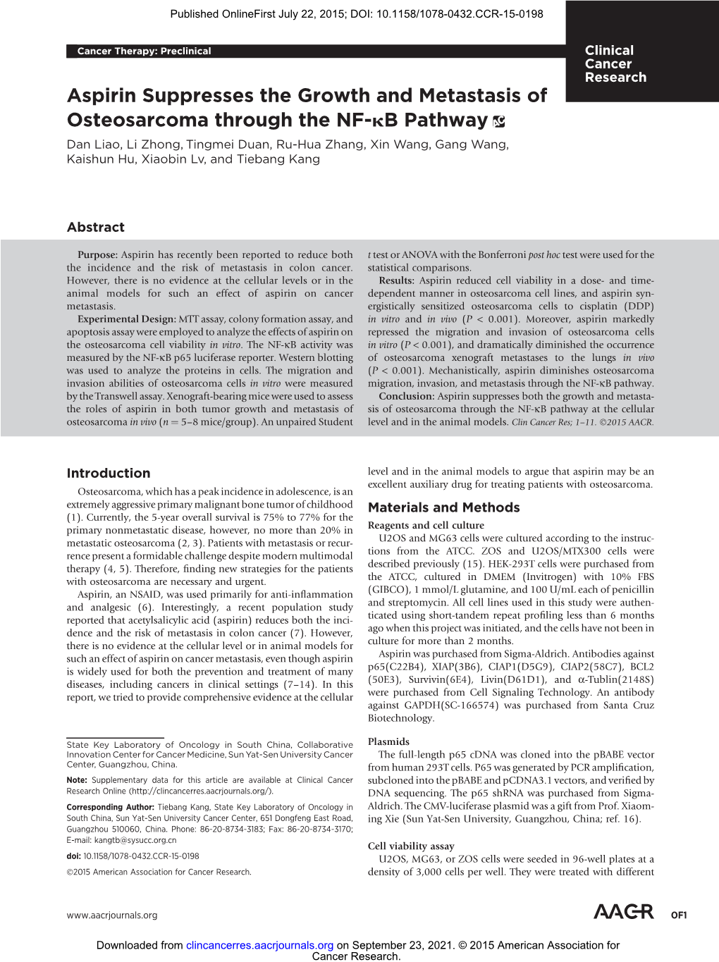 Aspirin Suppresses the Growth and Metastasis of Osteosarcoma