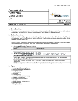 Course Outline COMP7128 Game Design