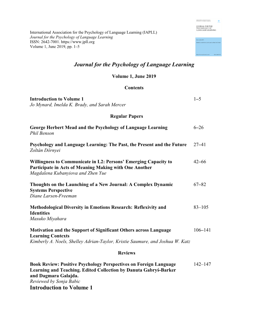 Journal for the Psychology of Language Learning Introduction to Volume 1
