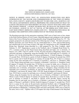 Notice of Public Hearing the Town of Rising Sun, Maryland Annexation Resolution No