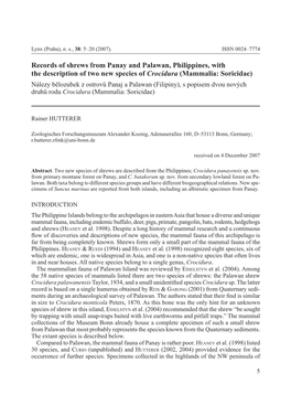 Mammalia: Soricidae) Nálezy Bělozubek Z Ostrovů Panaj a Palawan (Filipiny), S Popisem Dvou Nových Druhů Rodu Crocidura (Mammalia: Soricidae)