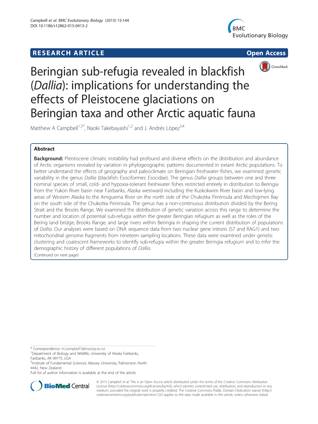 Beringian Sub-Refugia Revealed in Blackfish (Dallia): Implications For
