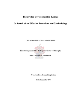 Theatre for Development in Kenya: in Search for Effective Procedure And
