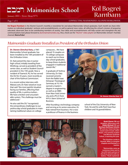 Kol Bogrei Rambam Is the Alumni Council’S Monthly E-Newsletter for and About Maimonides School Graduates