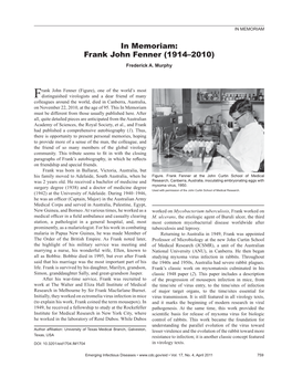 In Memoriam: Frank John Fenner (1914–2010) Frederick A