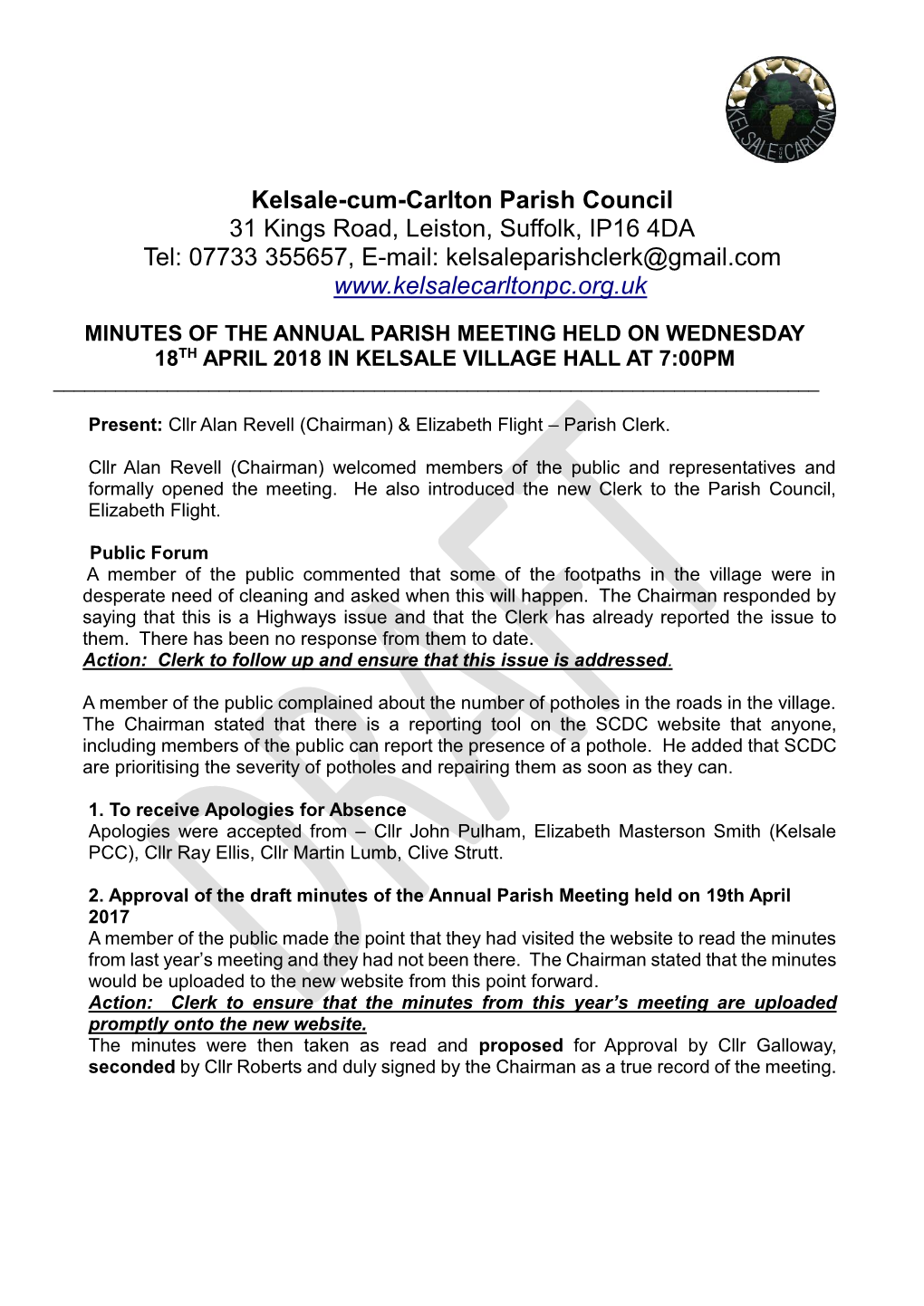 Kelsale-Cum-Carlton Parish Council 31 Kings Road, Leiston, Suffolk, IP16 4DA Tel: 07733 355657, E-Mail: Kelsaleparishclerk@Gmail.Com