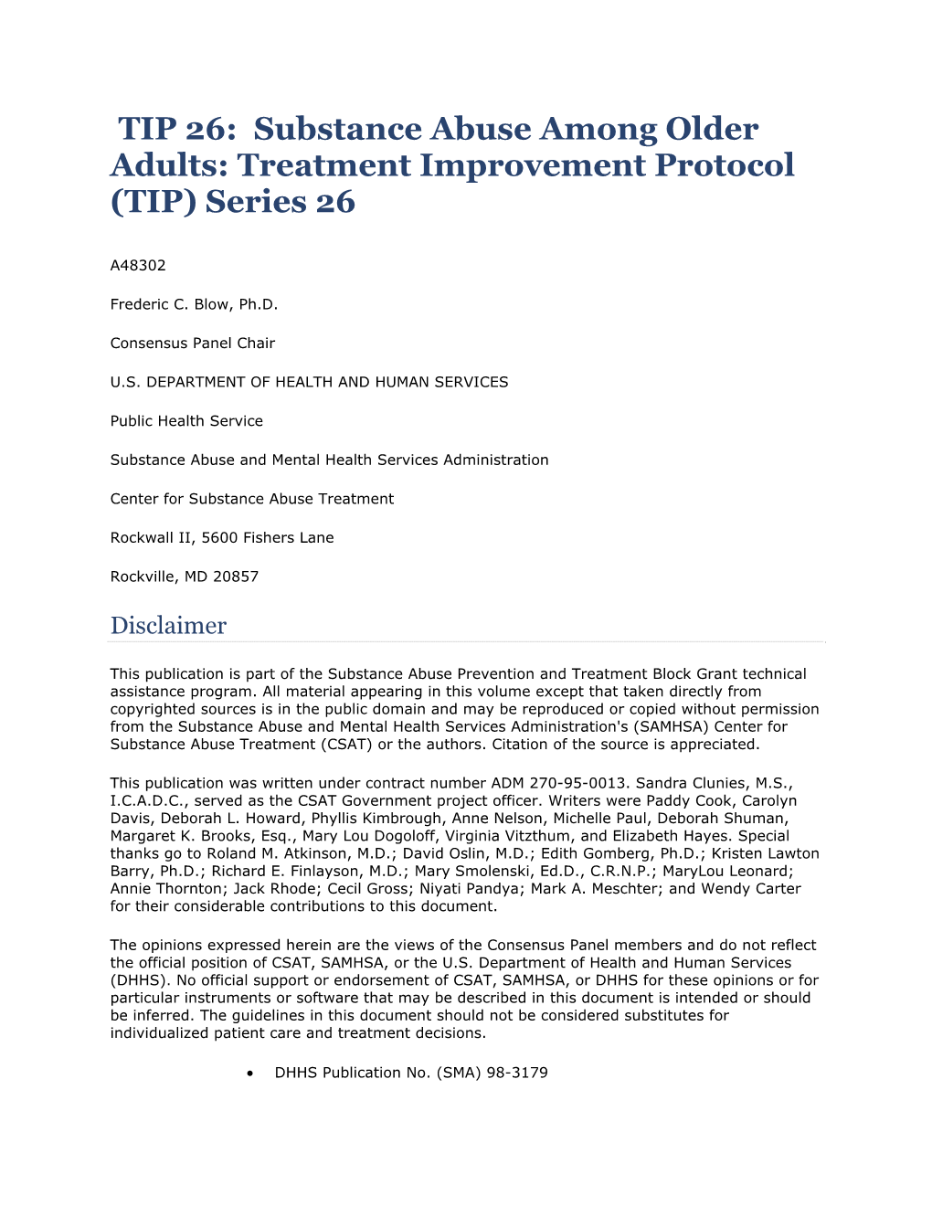 Substance Abuse Among Older Adults: Treatment Improvement Protocol (TIP) Series 26